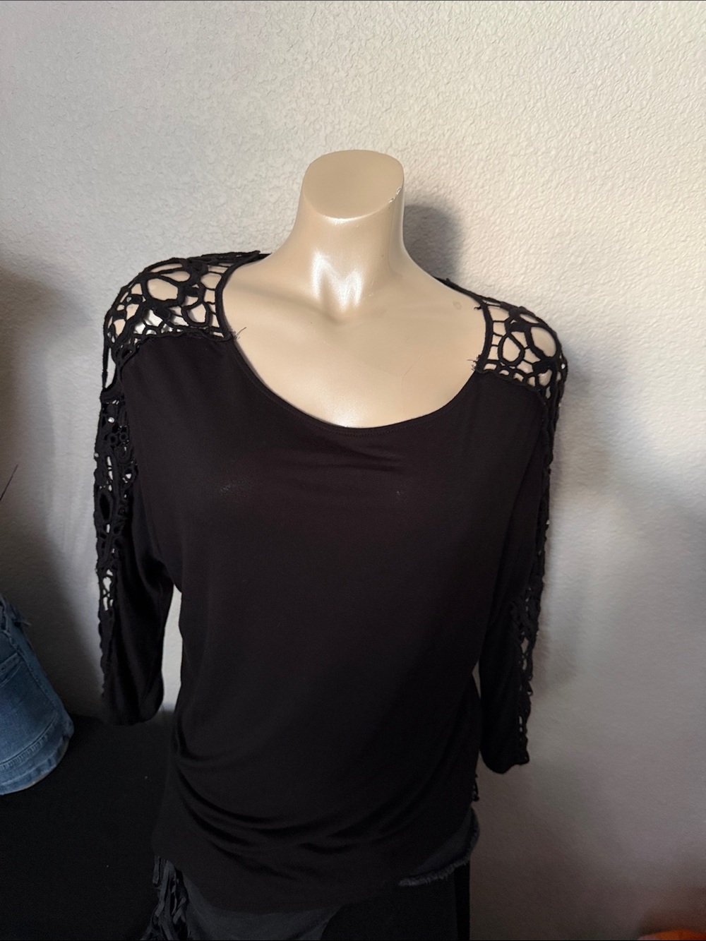 INC International Concepts Black Crochet-Detail Long Sleeve Top